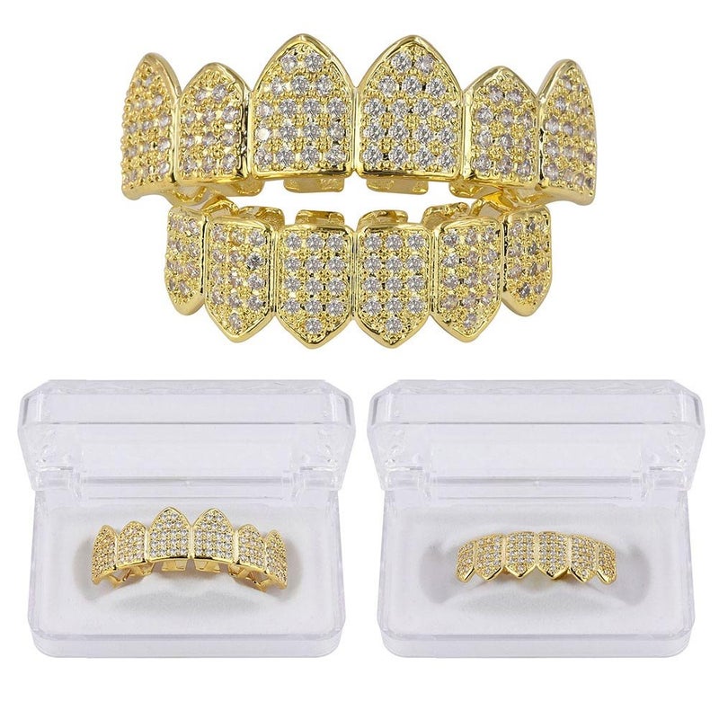 JINAO Grillz Diamond Grills for Your Teeth for Men Women 18K Gold Plated Iced Out Macro Pave Cubic Zirconia Mouth Grill with Extra Molding Bars Included(Gold Set) - Image 4